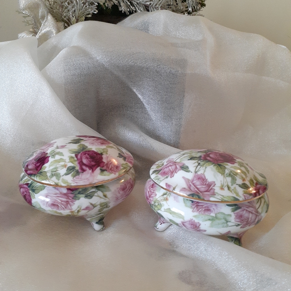 1.2 Price Marked Vintage 1990's China Floral Dresser Top Jewelry Trinket Holders